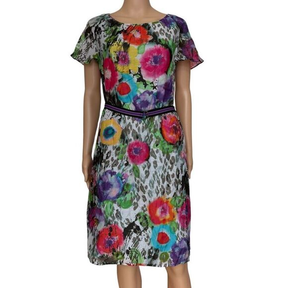 Hauber silk blend floral water colors dress with belt size M - Picture 2 of 8